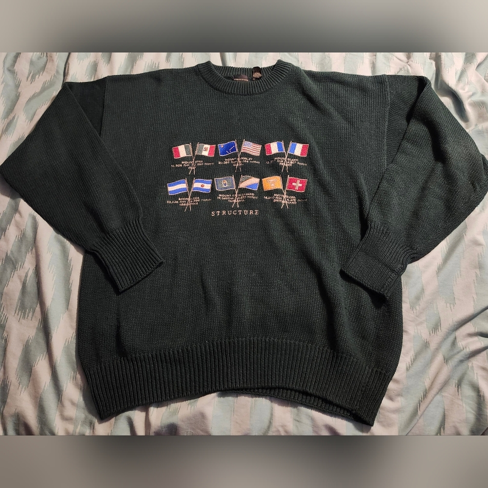 Structure Dark Green Crewneck Sweater with Flag Embroidery